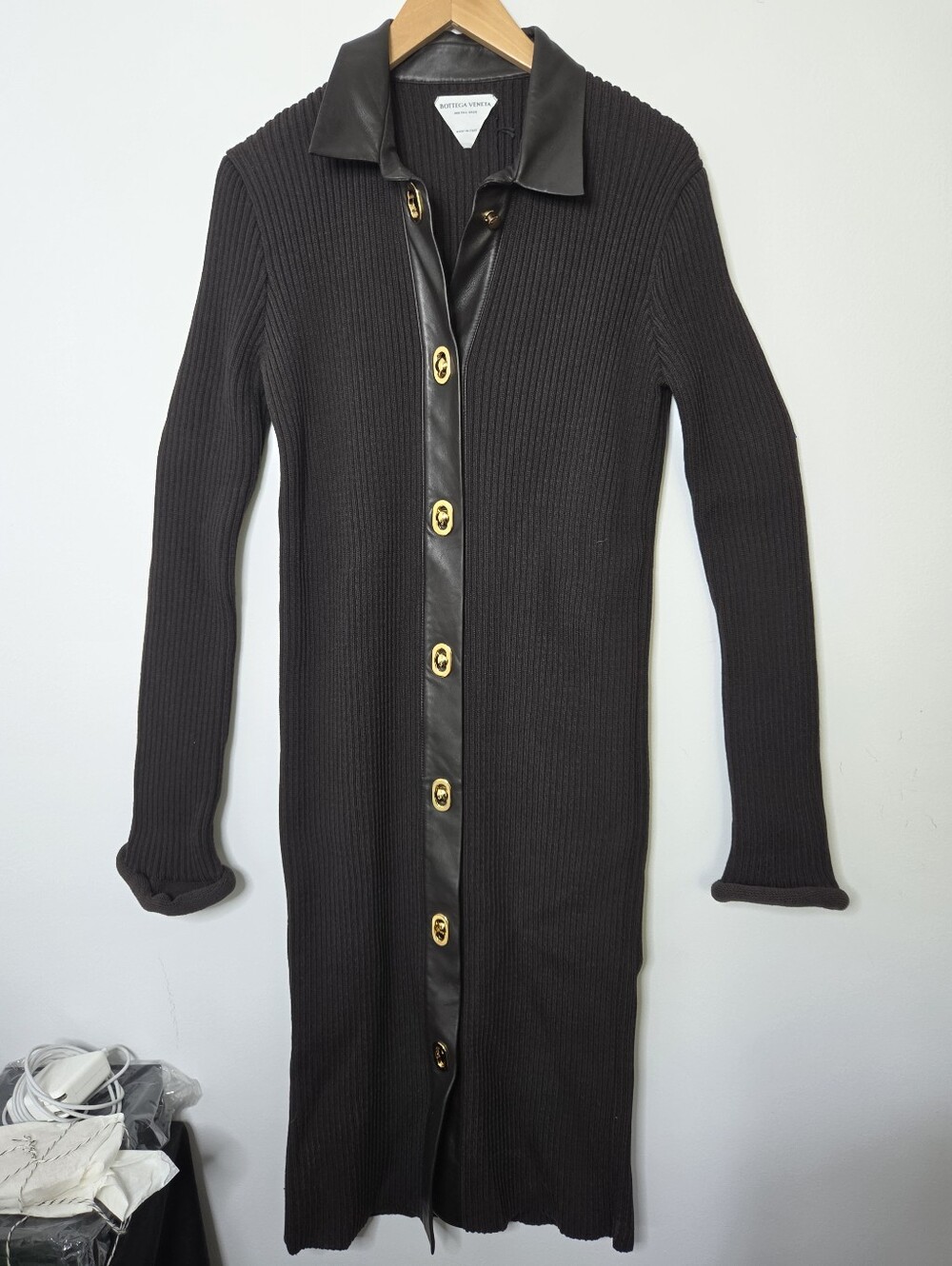Bottega Veneta Brown Ribbed Button-Front Knit Dress NWT Size M